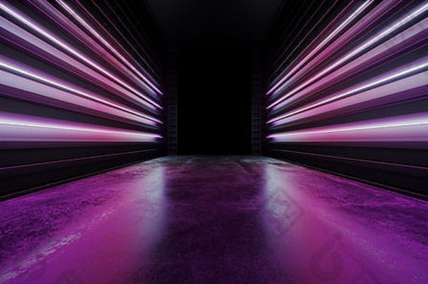 走廊sci晚上霓虹灯显示充满活力的发光<strong>蓝色</strong>的紫色的现代未来主义的荧光混凝土难看的东西地板上反射空展示门户网站入口