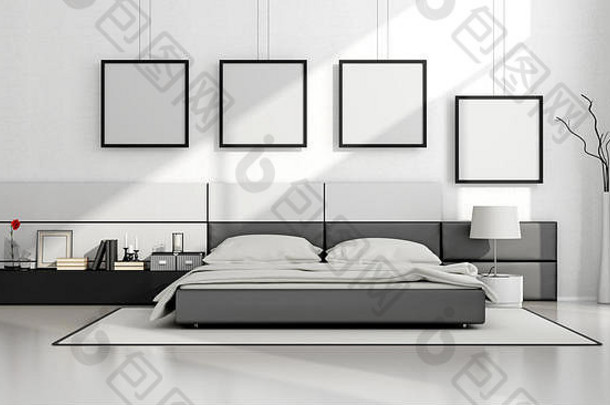 <strong>黑白简约</strong>主义卧室，带双人床和墙壁空白框架-3d渲染
