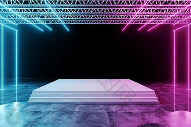 黑暗未来主义的科幻现代阶段建设白色地板上楼梯紫色的蓝色的发光的霓虹灯灯混凝土地板上水