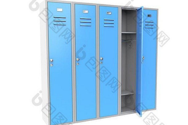 一排蓝色金属健身房储物柜，有一扇打开的门。三维渲染插图