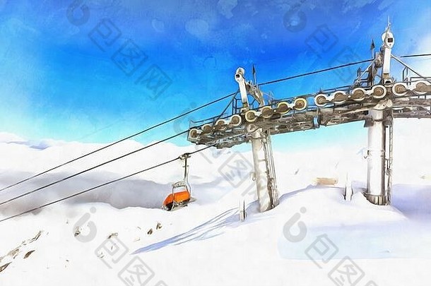 滑雪场美丽的冬季山景，电梯彩绘