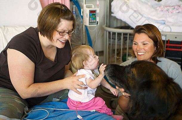 妈妈婴儿女儿病人儿童医院娱乐特别训练有素的治疗狗