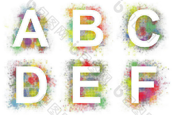 彩色半色调字母表。从A到F的信。