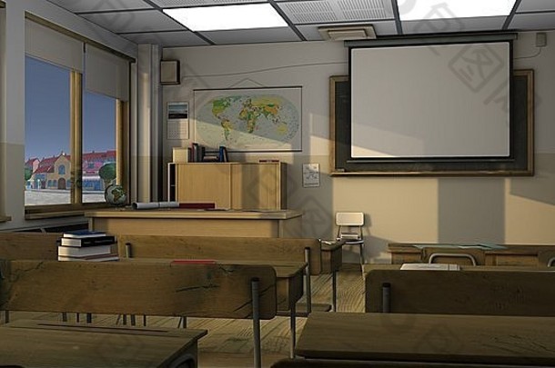 教室内部使用全局照明进行三维渲染