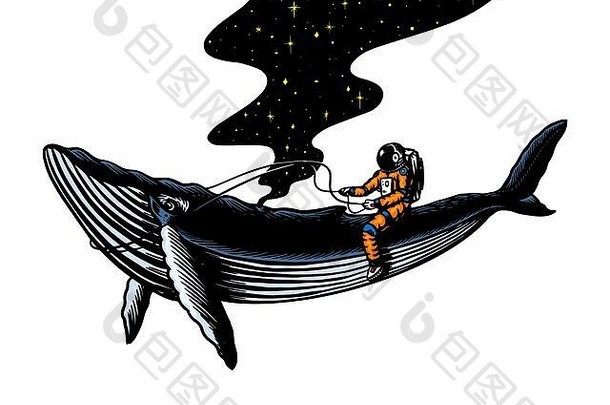 宇航员宇航员蓝色的鲸鱼天文星系空间有趣的宇航员探索冒险刻手画草图行星