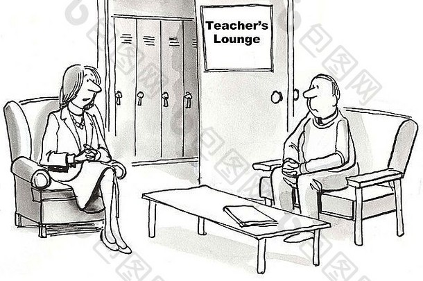 教育漫画显示两位老师，“我的一半学生有评估后压力障碍”。