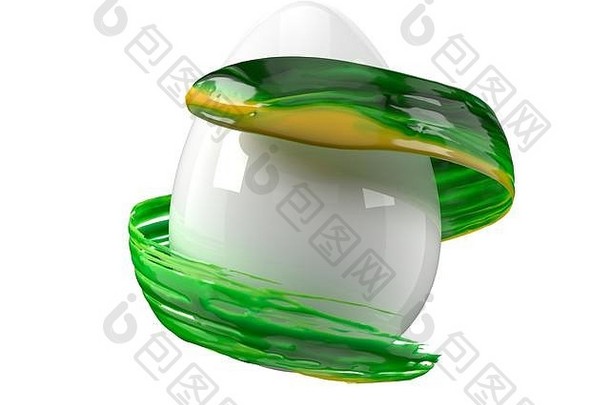 画复活节彩蛋。复活节彩蛋周围流动的绿色画笔。三维插图