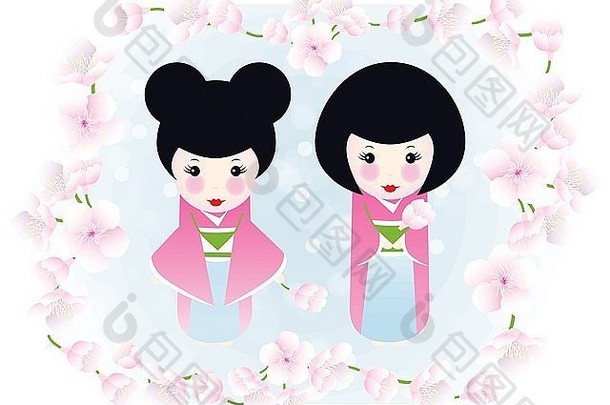 Kokeshi娃娃和樱花-樱花镶嵌的两个木制娃娃的可图