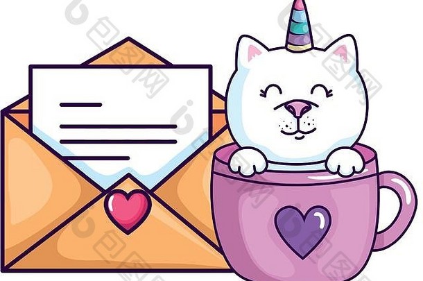 可爱的猫独角兽幻想杯信封