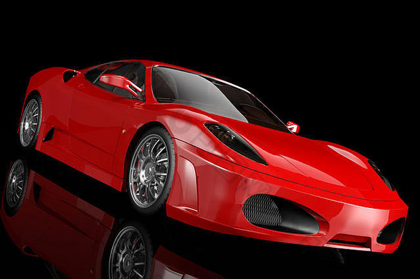 黑色背景上的红色跑车，3D渲染