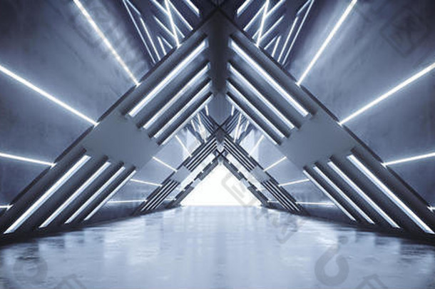 未来主义的科幻室内船空三角形形状的多个点燃走廊反光表面混凝土地板上白色领导条纹whi