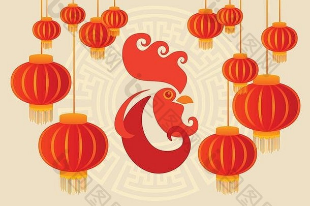 2017年新年快乐鸡鸟中国灯笼亚洲星座