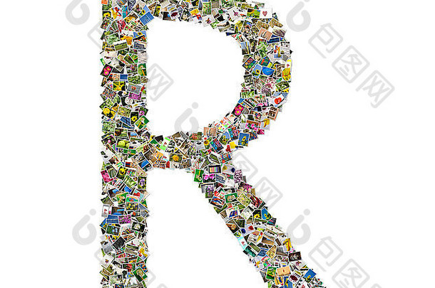 字母r，照片拼贴在白色背景上