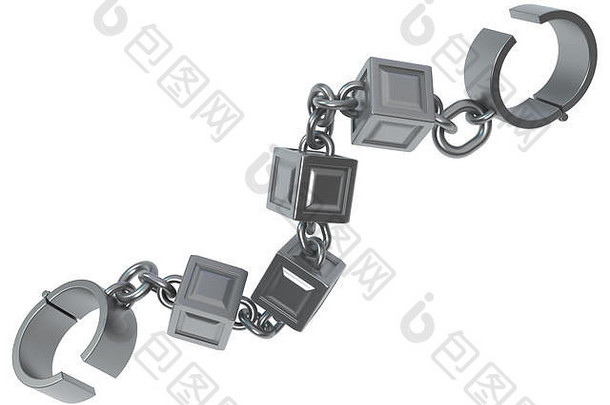 卸扣块链灰色金属3d插图，隔离，水平，白色
