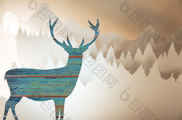 圣诞快乐新年手工剪纸贺卡，木质图案，鹿形轮廓，冬季森林景观