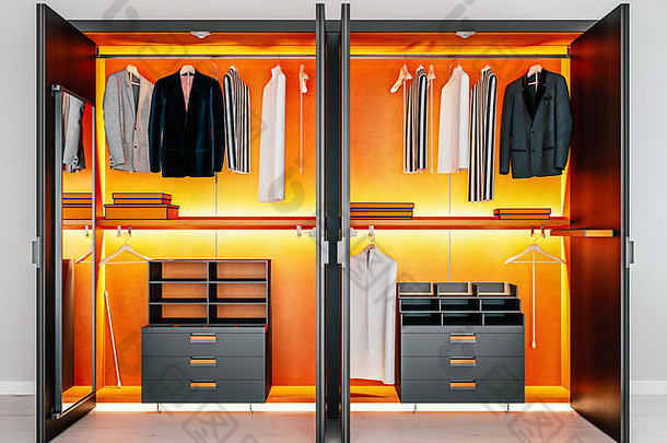 现代黑暗橙色木金属衣柜但衣服挂铁路走衣橱设计室内呈现