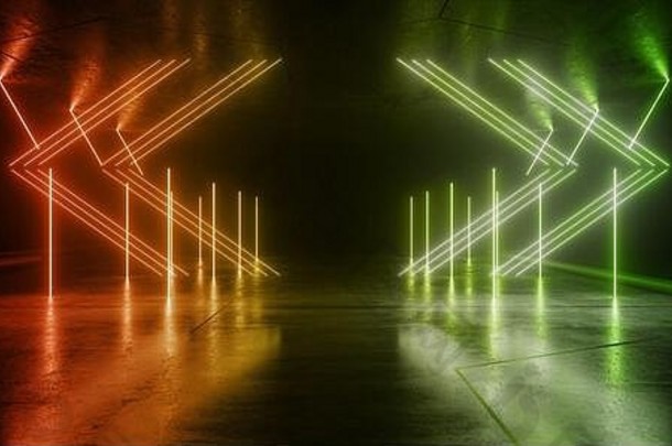 霓虹灯发光的sci发光的箭头橙色绿色未来主义的激光梁跳跃黑暗难看的东西混凝土平铺的地板上晚上阶段展厅车库货
