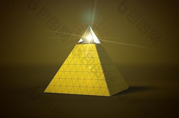 金字塔顶部有玻璃部分，光束进入玻璃部分。适用于石匠和类似光照派的崇拜和神秘主题。三维插图