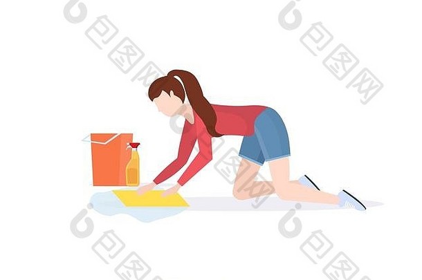 家庭主妇洗地板上膝盖女人更清洁的布桶女孩做家务清洁服务概念完整的长度平白色背景