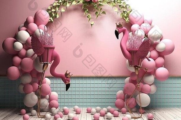 带love装饰的粉色气球的3d渲染