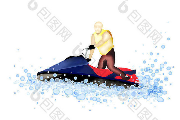 <strong>手绘</strong>，在一个美好的<strong>夏日</strong>，一个男人骑着一艘喷气艇在波浪中疾驰