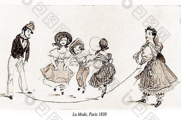 复古时尚画报，男孩和女孩跳绳，洛杉矶模式，巴黎1830年