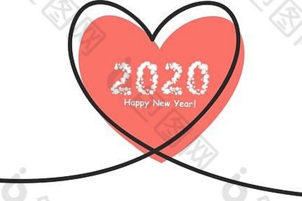 2020年新年快乐，在连续画线中用小故障的心，在连续画线中用平直的风格。平面设计的工作。爱的象征