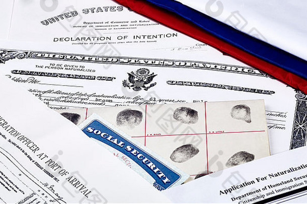 美国公民证书、意向声明、指纹卡、社会保障卡、入籍申请