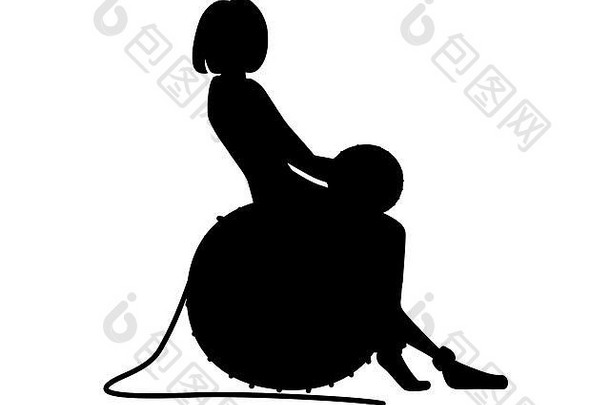 黑色的轮廓可爱的女人坐着大球羊毛平摘要插图孤立的白色背景