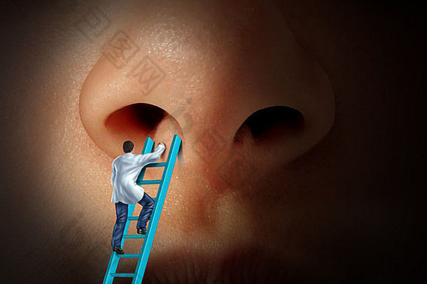 医疗鼻子护理概念医生攀爬梯examin鼻整形术化妆品塑料手术需要诊断病人呼吸问题由于感染鼻窦疾病