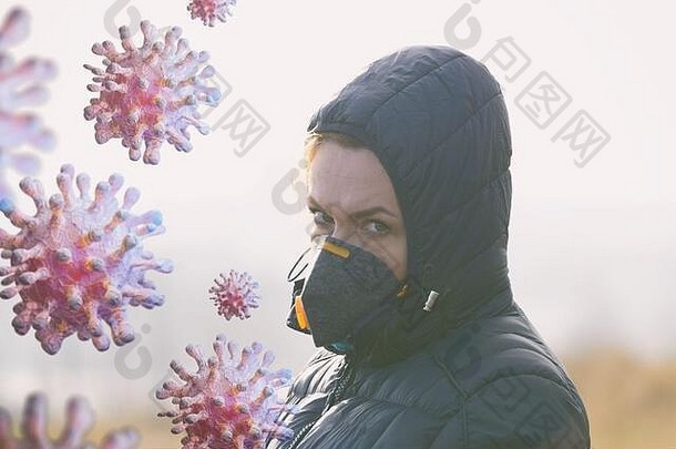 女人在外面戴着真正的防污防毒面具。2019冠状病毒疾病流行概念