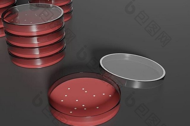 皮氏培养皿打开，菌落和几个盘子堆放在旁边。红琼脂。三维设计。实验室和研究概念。
