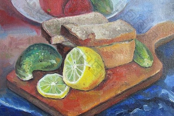 面包柠檬表格石油绘画