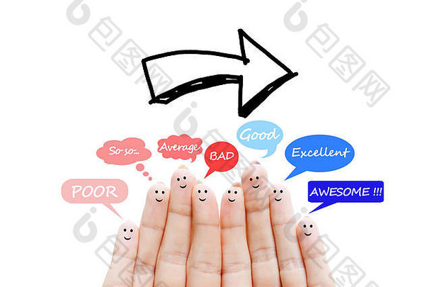 顾客满意度量表和具有快乐人类手指的推荐概念
