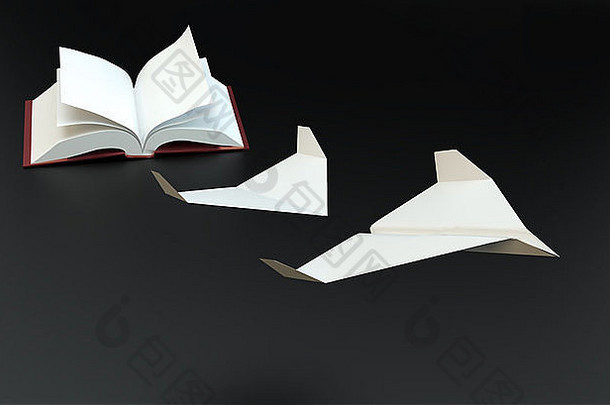 纸质飞机飞行的书页-想象概念