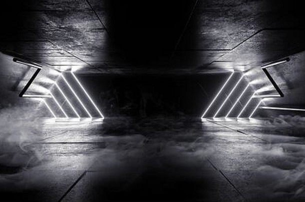 烟雾霓虹灯发光的激光白色梁柱子混凝土难看的东西平铺的地板上外星人宇宙飞船网络隧道走廊黑暗晚上仓库呈现