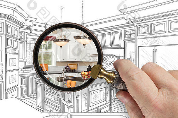 手持有放大玻璃揭示自定义厨房设计画照片结合
