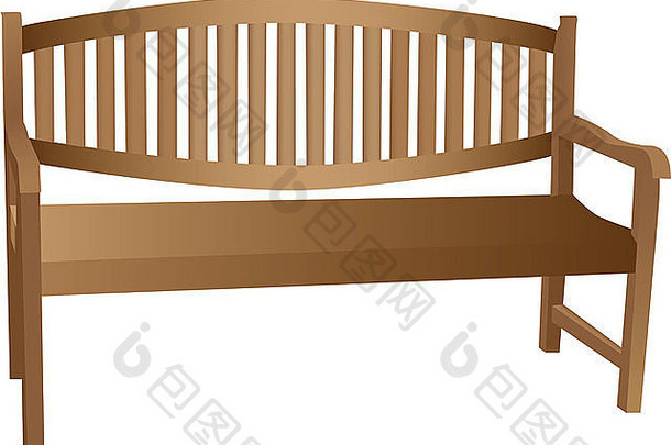 带有板条靠背和扶手的带插图的木凳，与白色背景隔离。