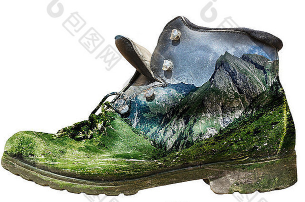 带有阿尔卑斯全景覆盖层的独立历史徒步旅行靴