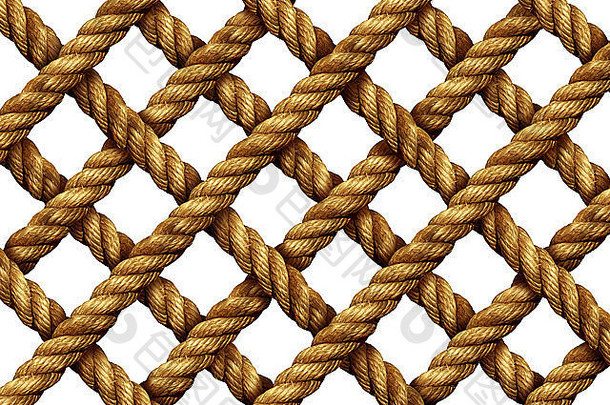 绳子网格模式集团强大的厚航海绳子连接几何形状海洋网孤立的白色背景