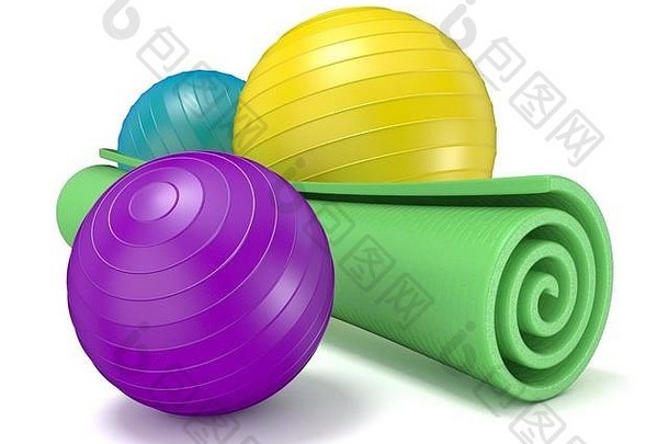 绿色健身垫和<strong>普拉提球</strong>。在白色背景上隔离的3D渲染插图
