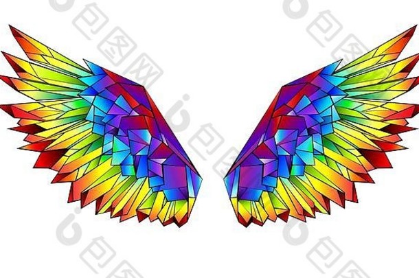 在艺术上画明亮的彩虹多边形翅膀白色背景