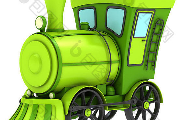 白色背景上隔离的绿色玩具火车。