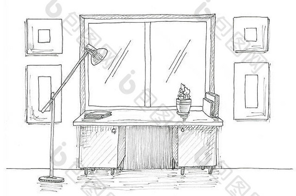 靠窗的桌子。桌子旁边的落地灯。用黑色墨水绘制的内部草图。