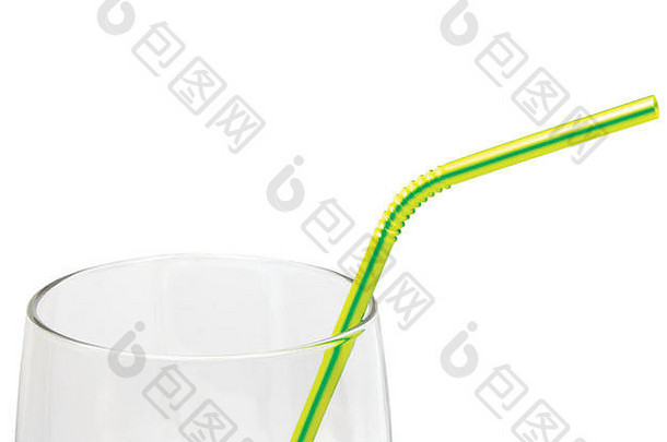 空杯饮用吸管宏观特写隔离，黄色，绿色
