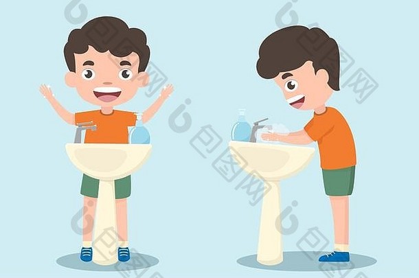 孩子们正在洗手。孩子们站在洗手盆前用洗手液洗手。良好的保护2019冠状病毒疾病。健康与医学