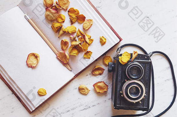 古董相机大理石背景空白笔记本干玫瑰叶子