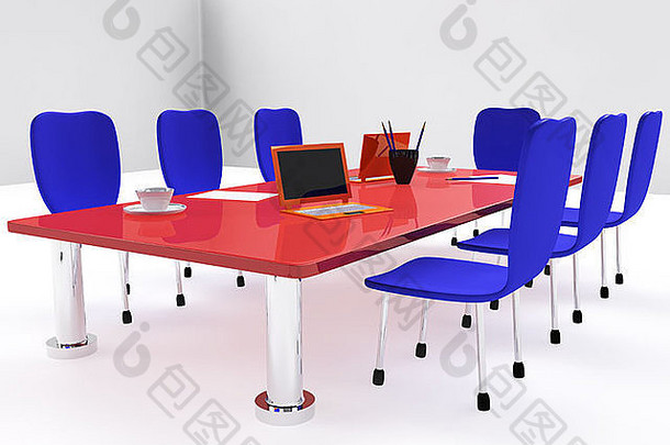 会议房间红色的桌子上蓝色的椅子