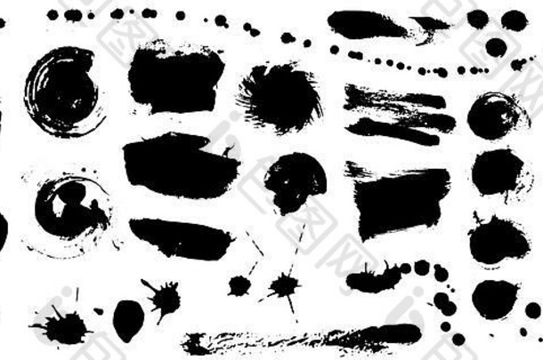 为您的设计在白色背景上隔离的一套黑色墨水手绘画笔集合。肮脏的艺术笔触元素。黑色标签，背景