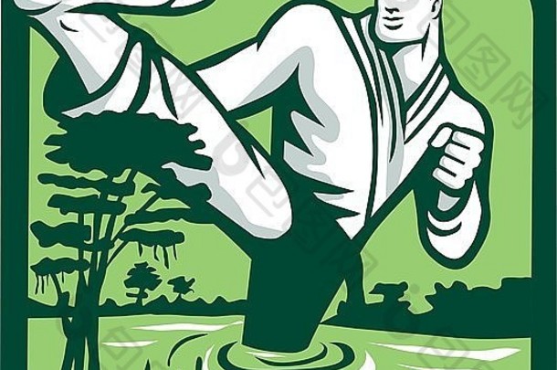 一位婚姻艺术斗士用脚踢沼泽或河口上的柏树的插图，设置在以复古风格制作的盾牌形状内。